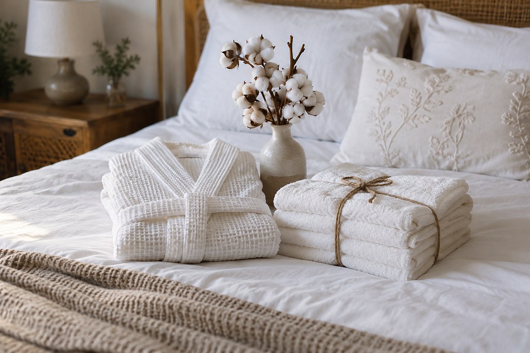 A folded white robe and stacked white towels tied with twine sit on a bed between a stoneware vase of dried cotton and a cream pillow.