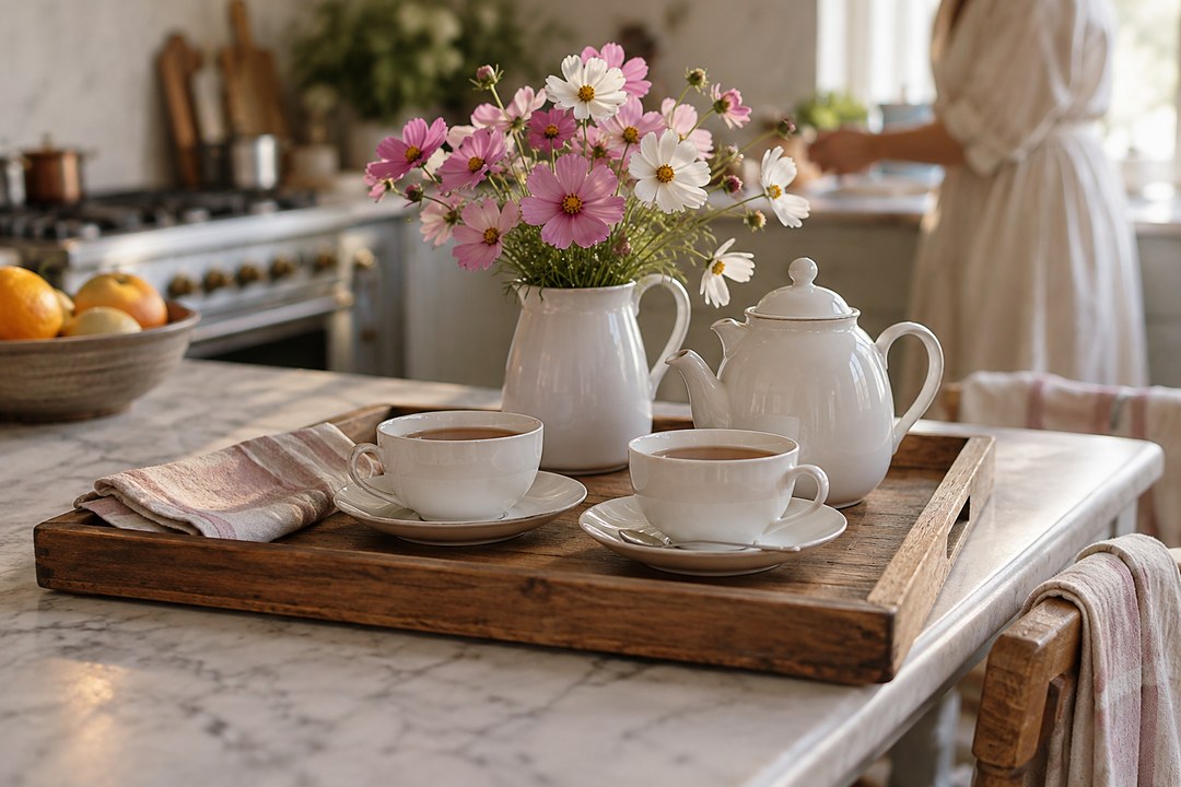 A wooden tray on a marble counter holds two white porcelain cups, a teapot, a jug of pink and white cosmos and a folded pink striped napkin.