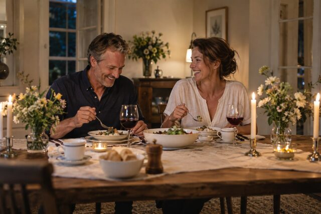 A couple in dark and cream laugh over a candlelit dinner at a wooden table with white bowls, blue rimmed cups, and daisies.