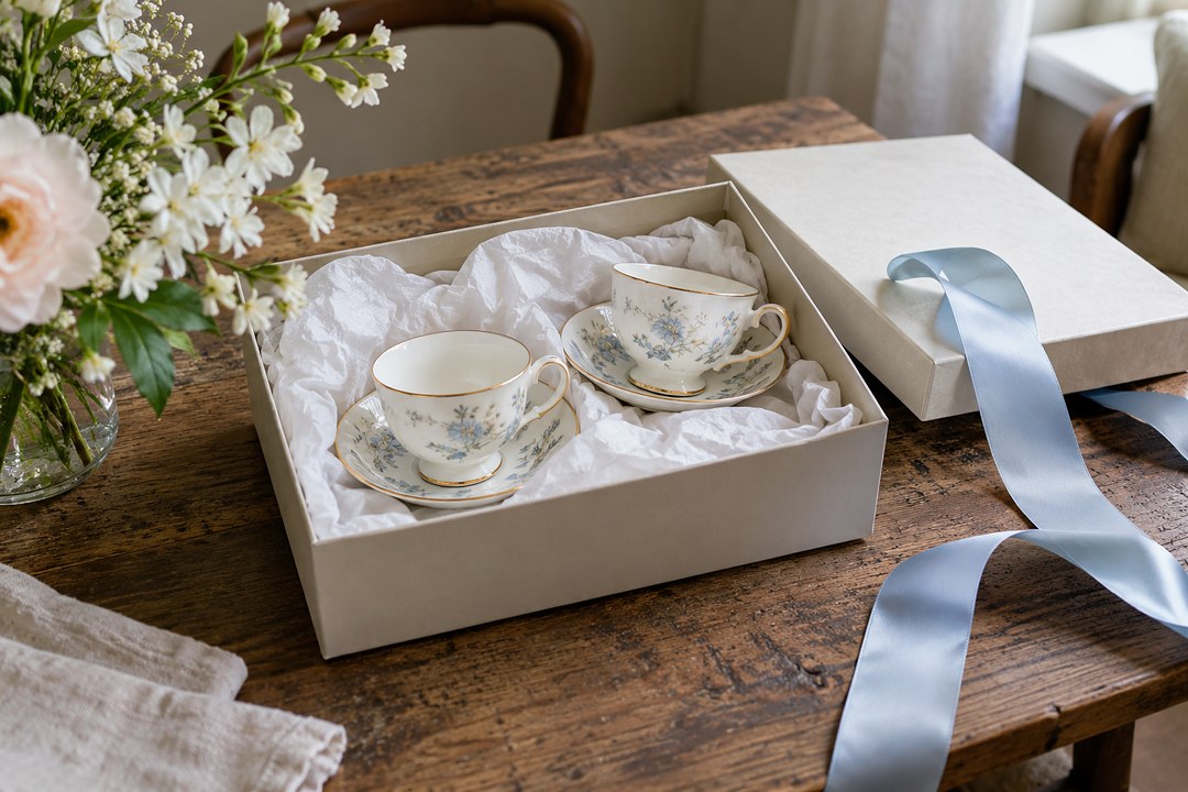 An open gray gift box on a wooden table holds blue floral teacups and saucers with gold rims, nested in white tissue paper.
