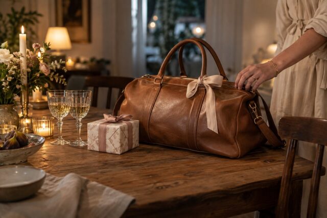 A tan leather weekend bag with a cream ribbon sits on a rustic wooden table beside a patterned gift box and two wine glasses.