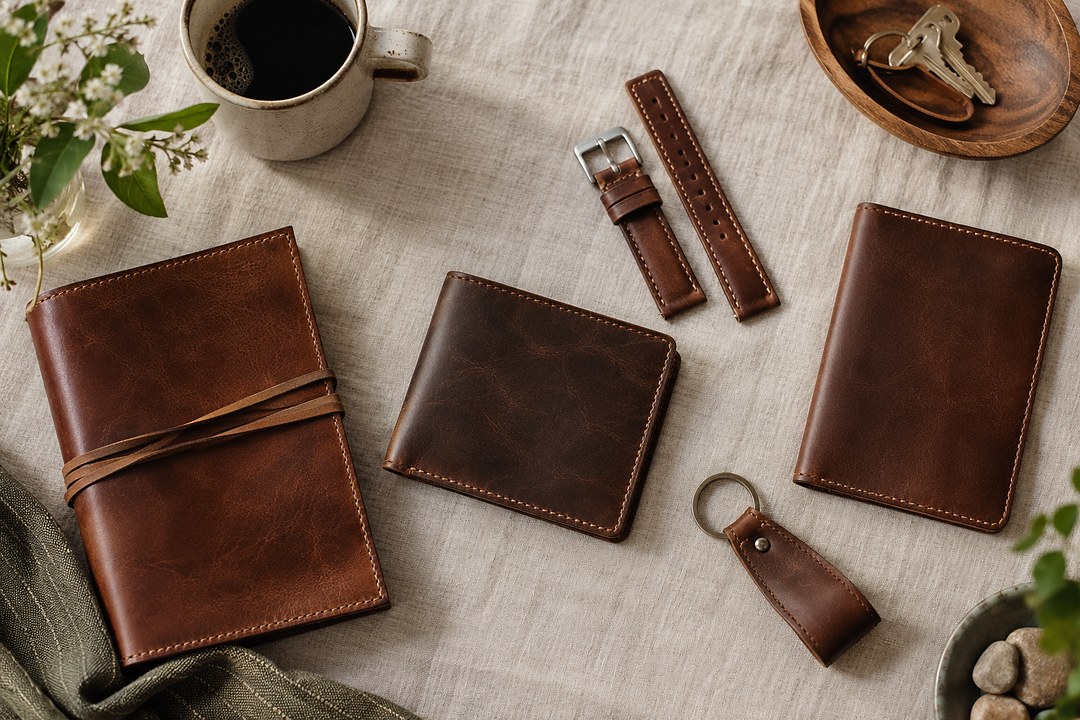 A brown leather journal cover, a bifold wallet and a watch strap with steel buckle lie on a natural linen cloth.