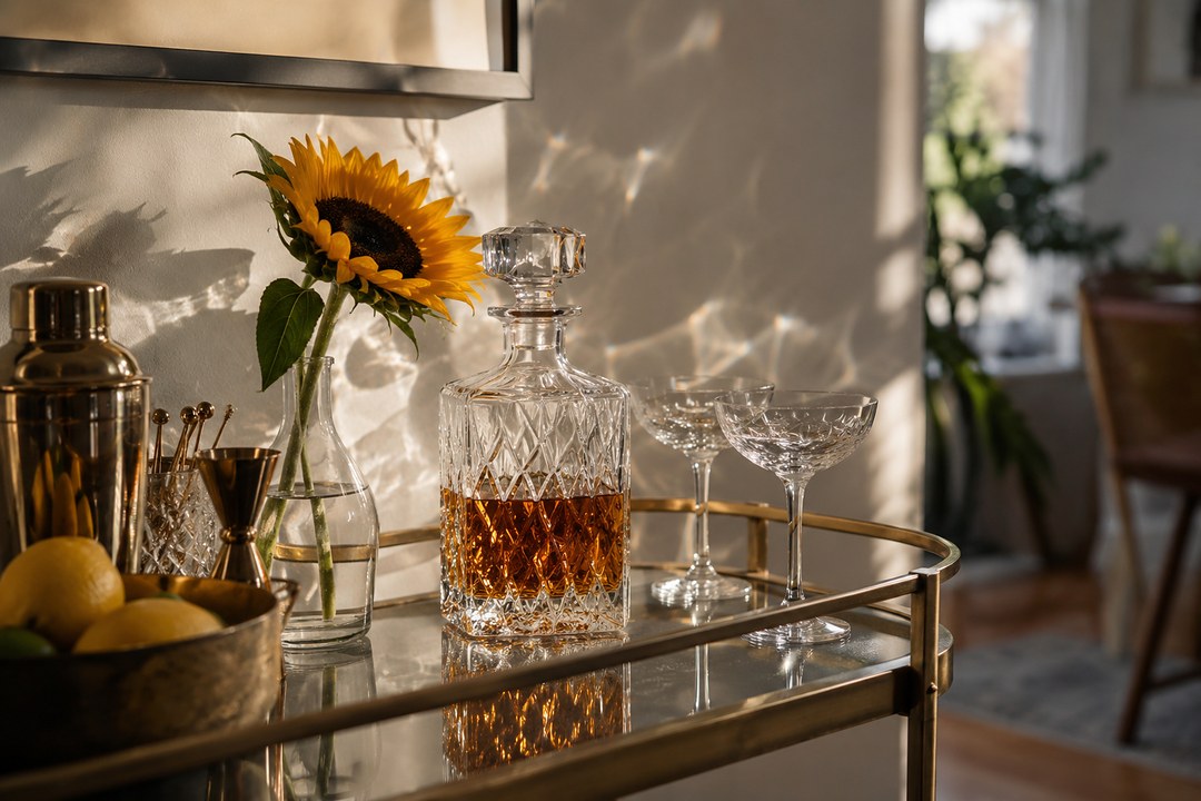 A cut crystal decanter of amber spirit and two empty coupes sit on a brass and glass bar cart beside a sunflower.