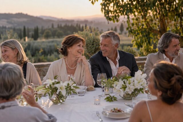 A couple in their late fifties laugh at a dinner table with a white tablecloth at sunset, she in pearls, he in a dark jacket.