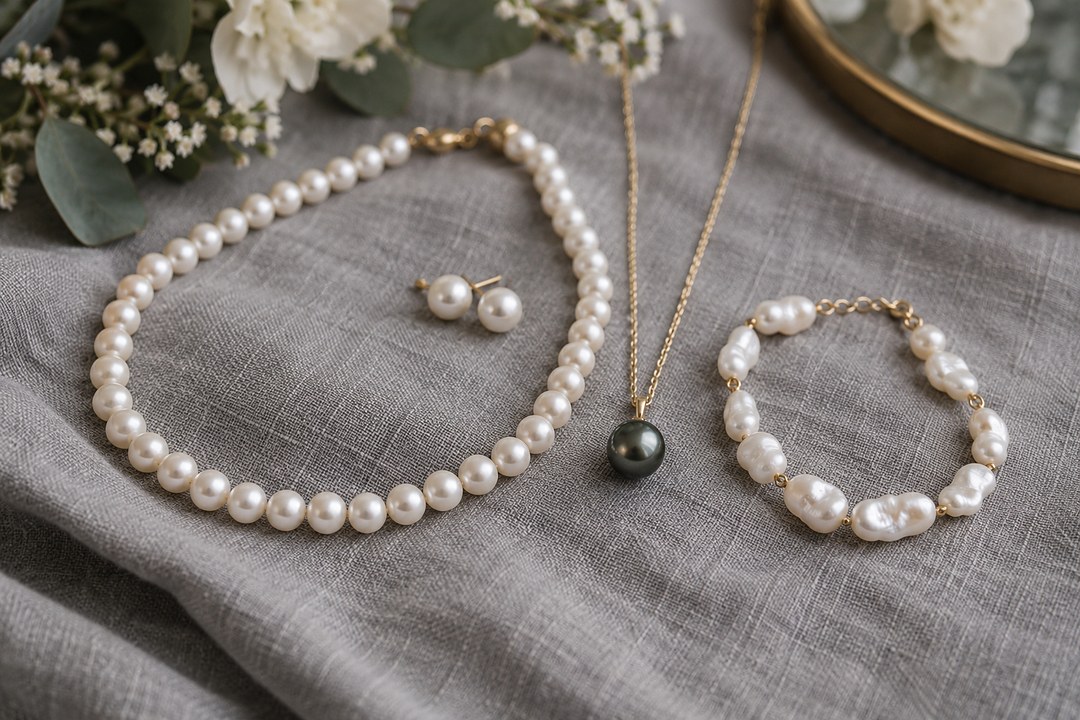 Four pieces of pearl jewelry rest on gray linen with a white pearl strand, gold clasp, and dark gray Tahitian pendant.