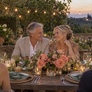 A gray-haired man and a blonde woman smile at each other at an outdoor table with coral pink roses, candles and green goblets.