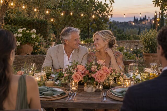 A gray-haired man and a blonde woman smile at each other at an outdoor table with coral pink roses, candles and green goblets.