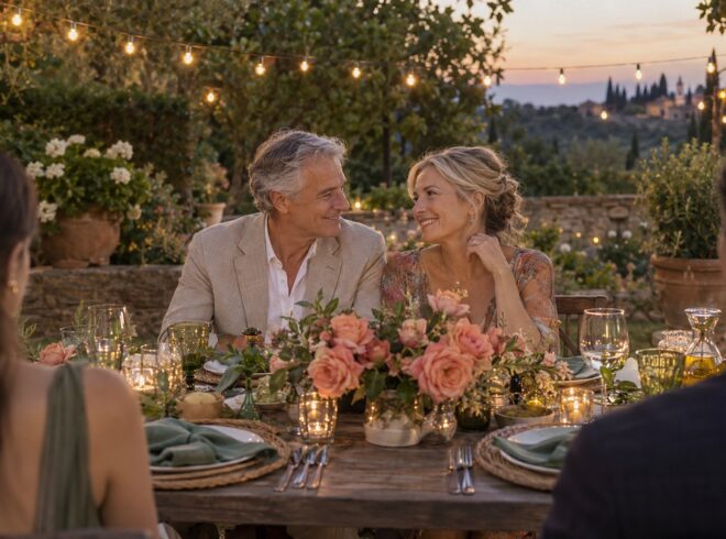 A gray-haired man and a blonde woman smile at each other at an outdoor table with coral pink roses, candles and green goblets.