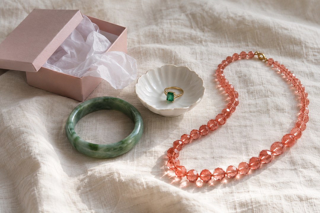 A jade bangle, a gold emerald ring in a white dish and a coral pink bead necklace lie on cream linen by an open pink gift box.