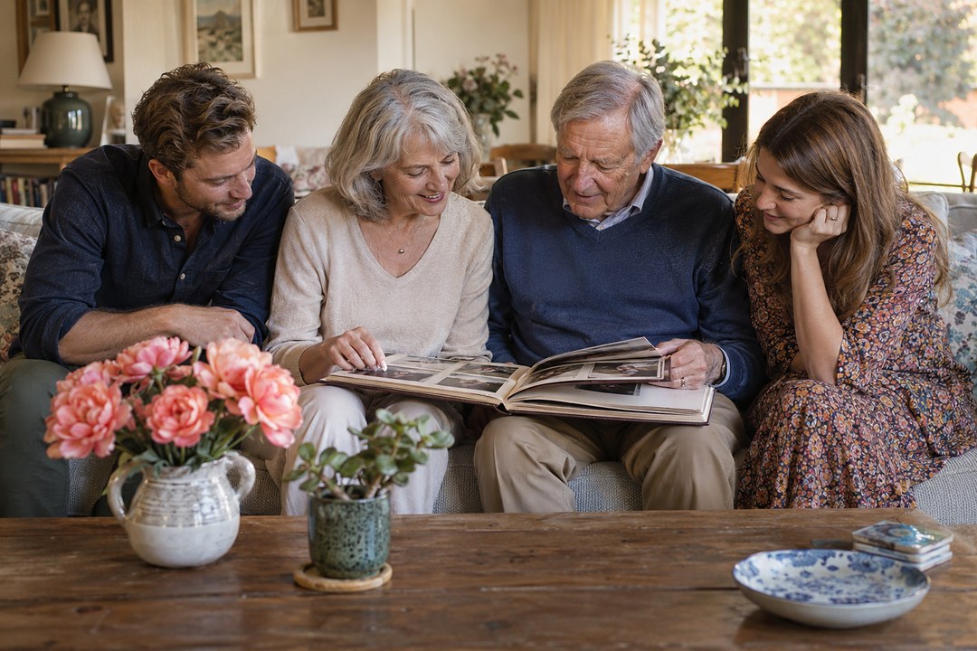An older couple look through a photo album on a sofa as a younger man and woman lean in near coral pink flowers and a jade plant.