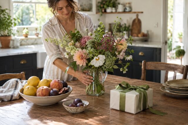 A woman in a striped linen shirt places pink dahlias and cosmos into a glass jug on a sunlit table with fruit and cream present.