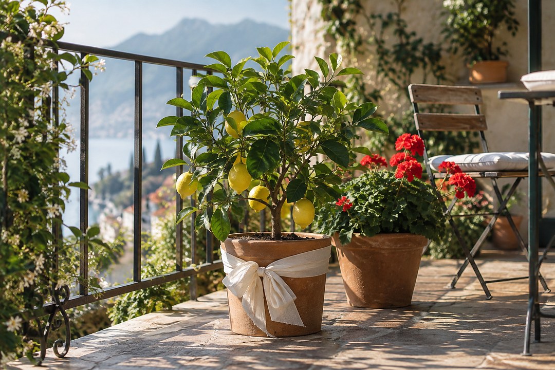 Small yellow lemons grow on a tree in a terracotta pot tied with cream ribbon on a sunny stone balcony beside a red geranium.