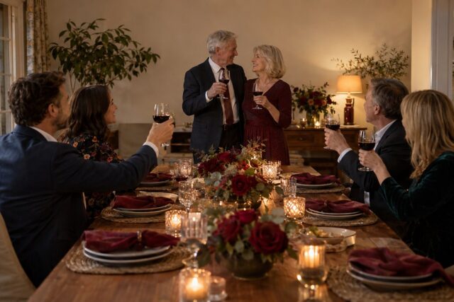 A man with gray hair in a dark suit and a woman in a dark red dress smile over red wine at a table with roses and candles.