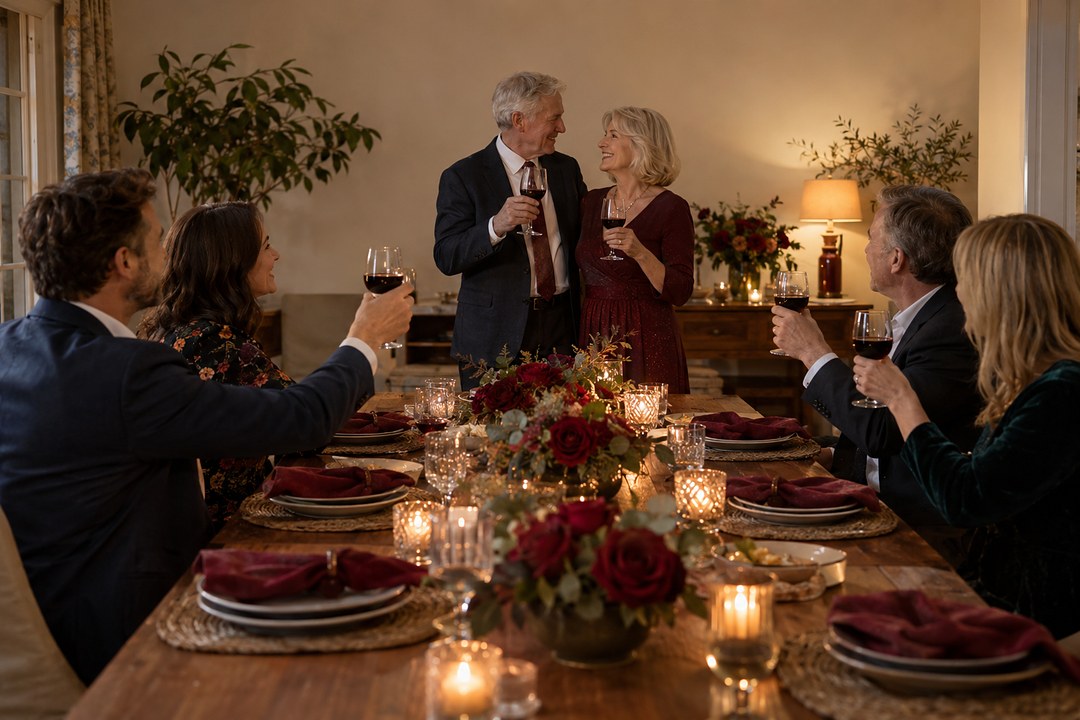 A man with gray hair in a dark suit and a woman in a dark red dress smile over red wine at a table with roses and candles.