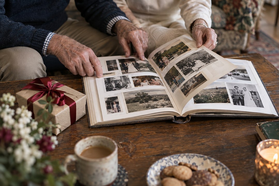 An older couple's hands turn album pages on a dark wooden coffee table beside a brown paper gift box with a dark red bow.