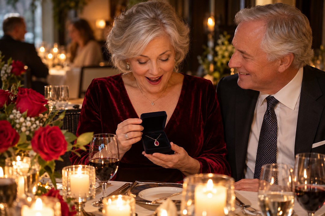 A delighted woman with silver hair in a red dress opens a black jewelry box with an oval ruby pendant beside a smiling man.