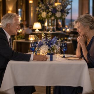 A man with white hair in a dark suit slides a white gift box toward a woman in a navy dress at a table with blue goblets.