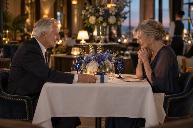 A man with white hair in a dark suit slides a white gift box toward a woman in a navy dress at a table with blue goblets.
