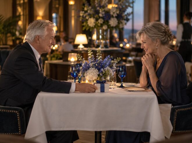A man with white hair in a dark suit slides a white gift box toward a woman in a navy dress at a table with blue goblets.