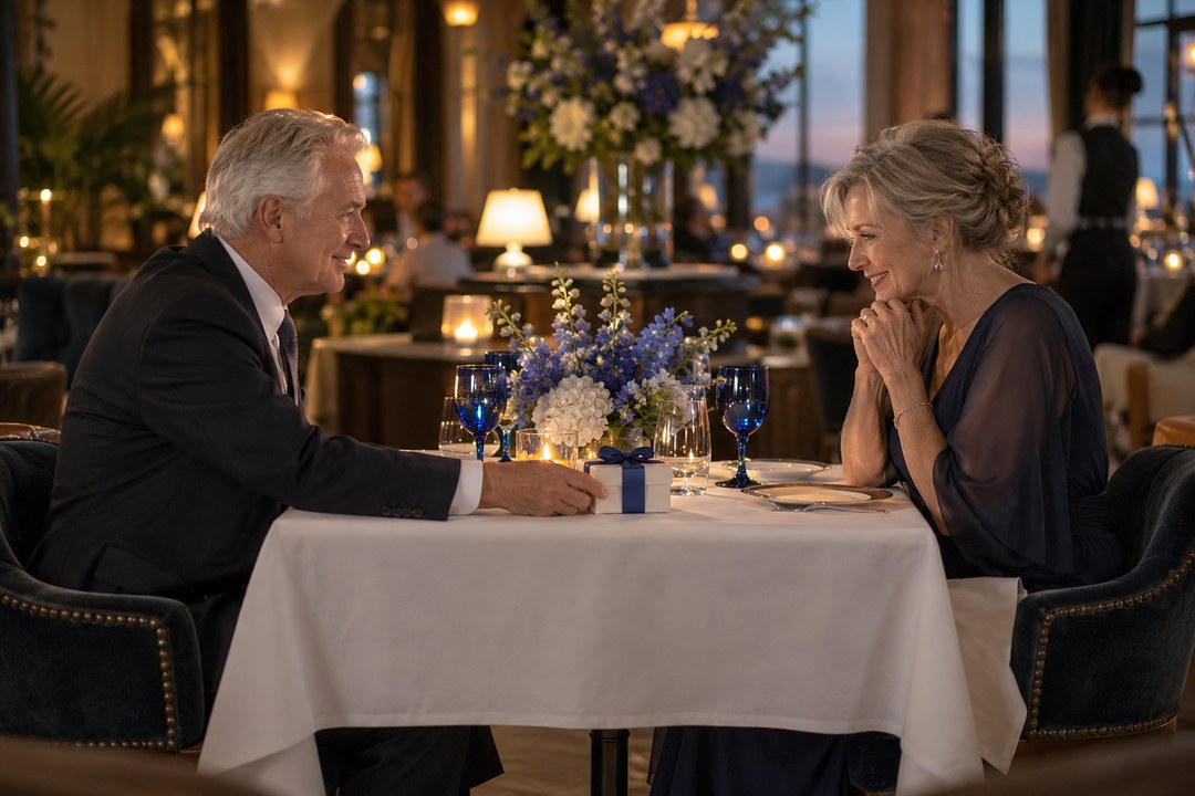 A man with white hair in a dark suit slides a white gift box toward a woman in a navy dress at a table with blue goblets.