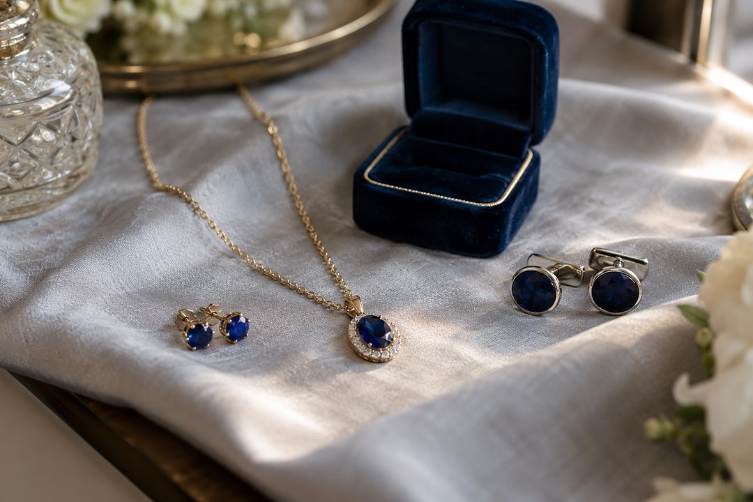 An oval blue sapphire pendant with clear stones on a gold chain lies on pale silk beside sapphire studs and a navy ring box.