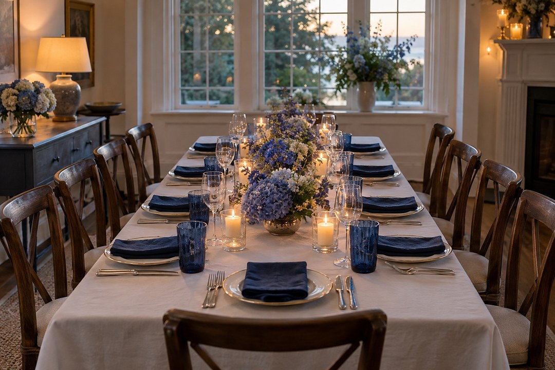 A long dining table set for ten with white tablecloth, navy napkins, blue tumblers, candles, and low bowls of blue hydrangea.