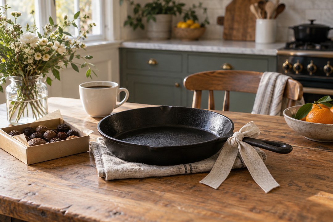 A black cast iron skillet with a natural linen bow sits on a striped tea towel on a rustic table beside truffles and flowers.