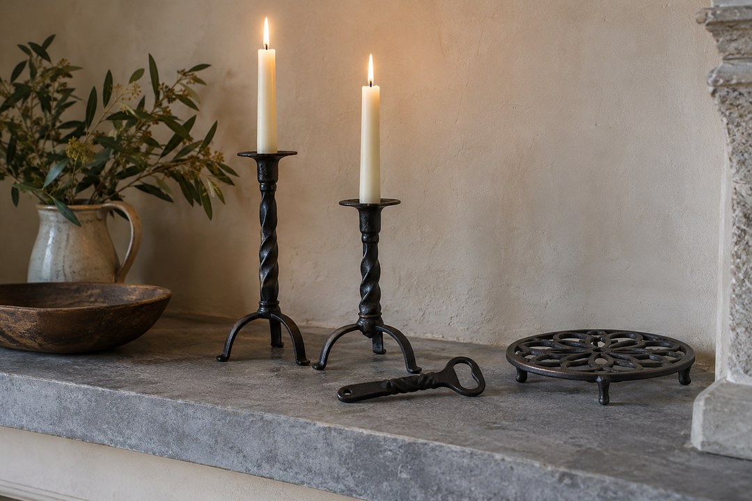 Two black wrought iron candle holders hold lit candles on a stone mantel beside an iron bottle opener and round trivet.