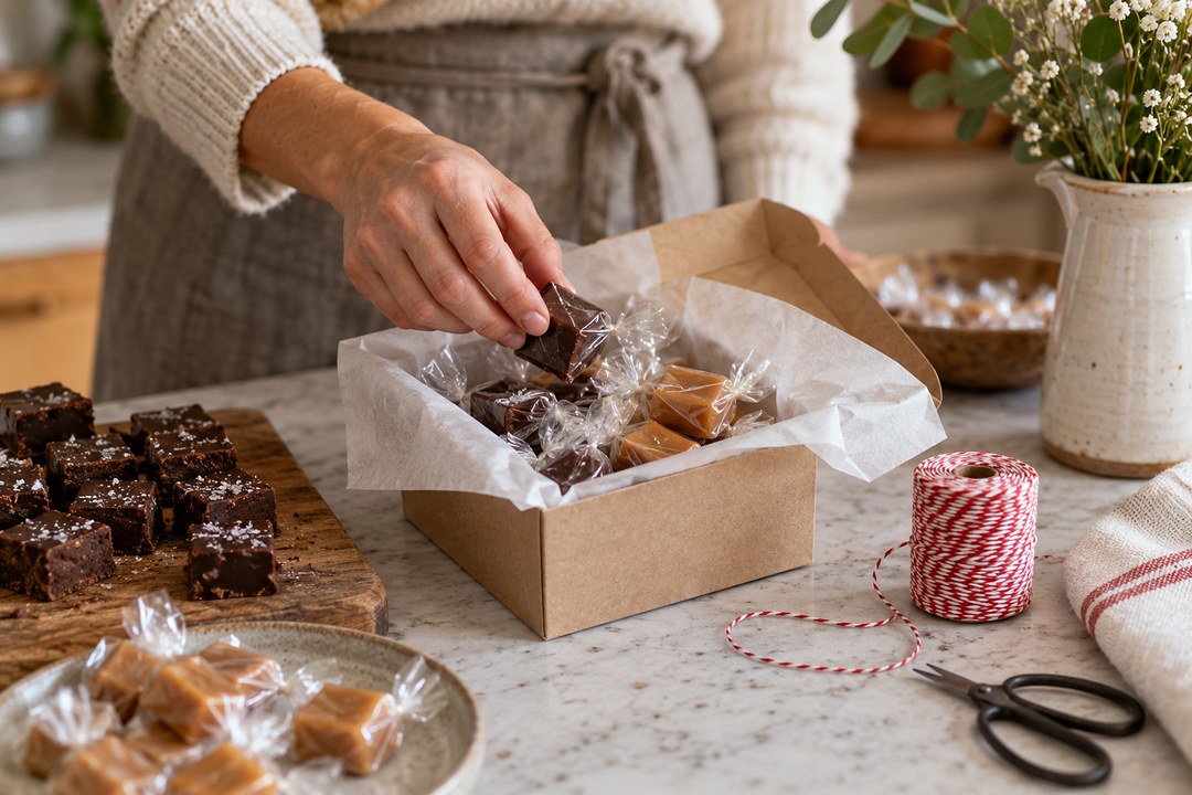 A woman's hand places a chocolate fudge square into a kraft box on a marble counter beside baker's twine and scissors.
