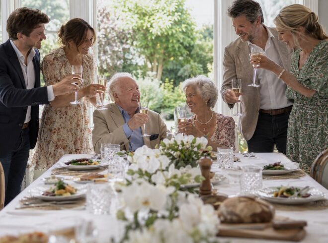 Elderly couple toast with sparkling wine at a white linen table with orchids while four adults stand in a sunlit garden room.