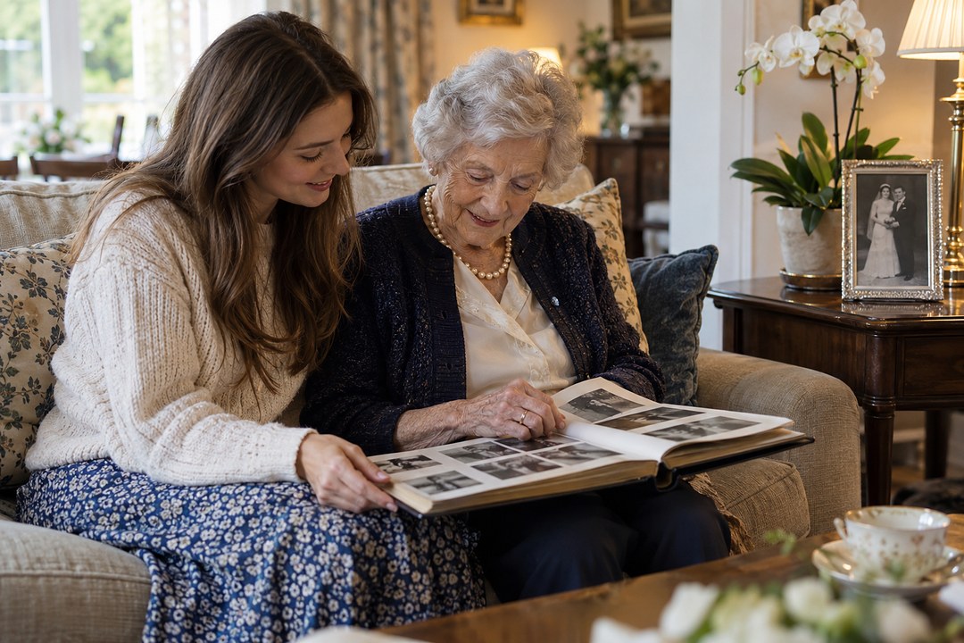 Elderly woman in a pearl necklace and a young woman sit on a sofa with a photo album beside an orchid and silver framed photo.