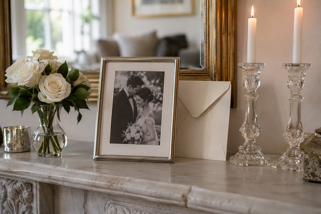 Marble mantelpiece holds a silver framed wedding photo, white roses and two lit candles in crystal candlesticks by a mirror.