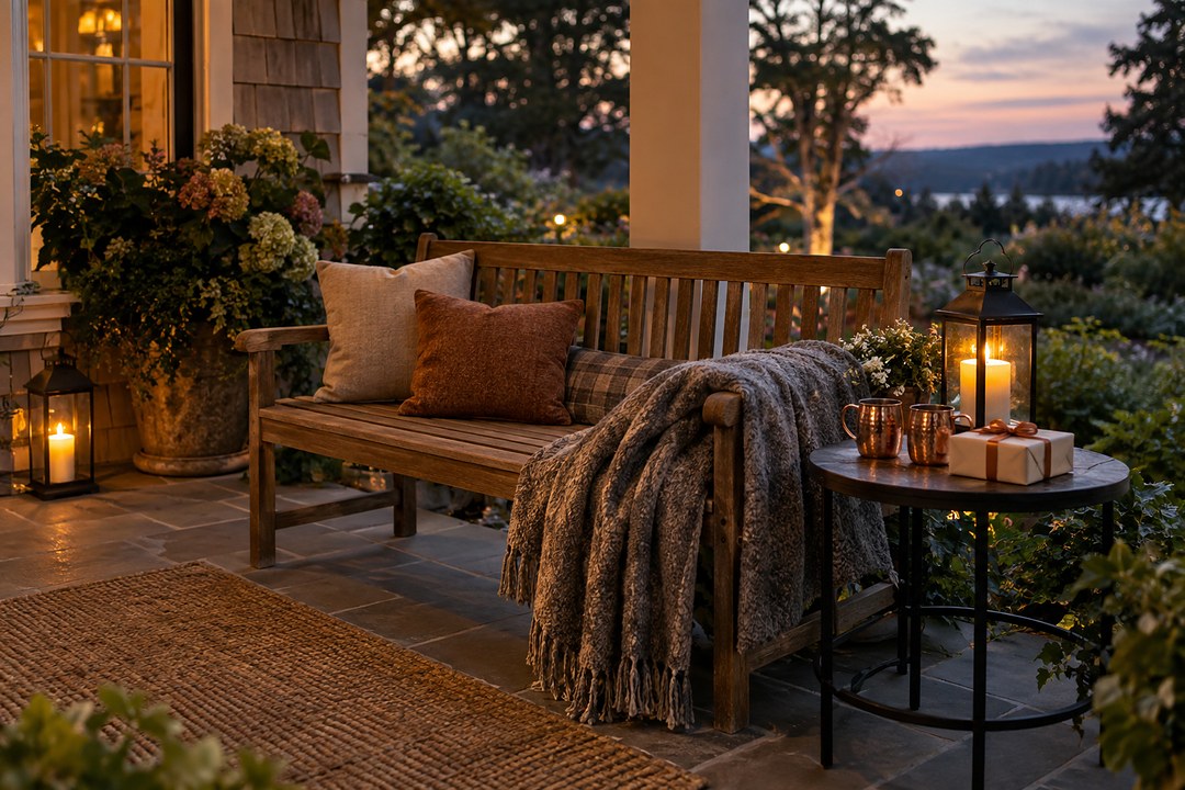 A wooden bench on a stone porch at dusk holds cushions and a thick gray wool blanket beside copper mugs and a lit lantern.