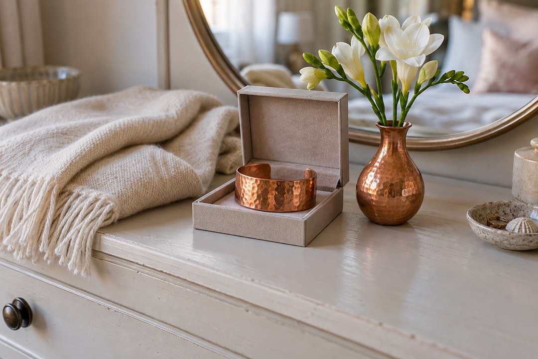 A hammered copper cuff bracelet sits in a gray jewelry box beside a cream wool wrap and a copper vase of freesias on a dresser.