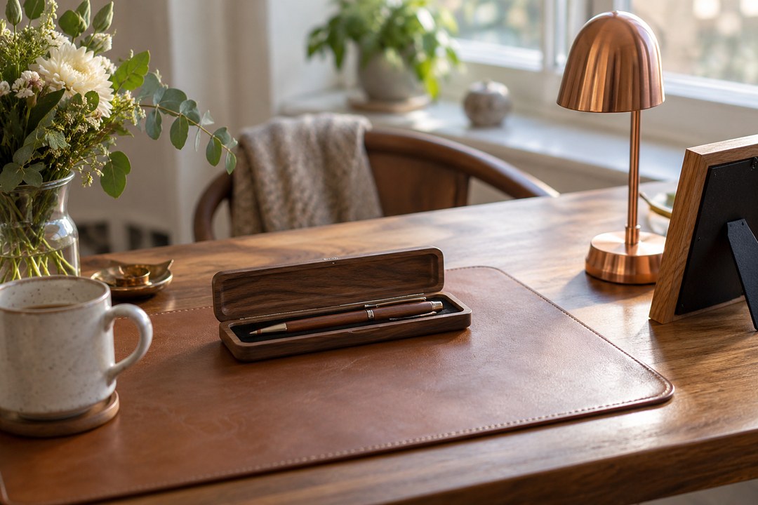 A wooden pen and pencil lie in a slim walnut case on a tan leather desk pad beside a copper lamp, a mug, and white flowers.