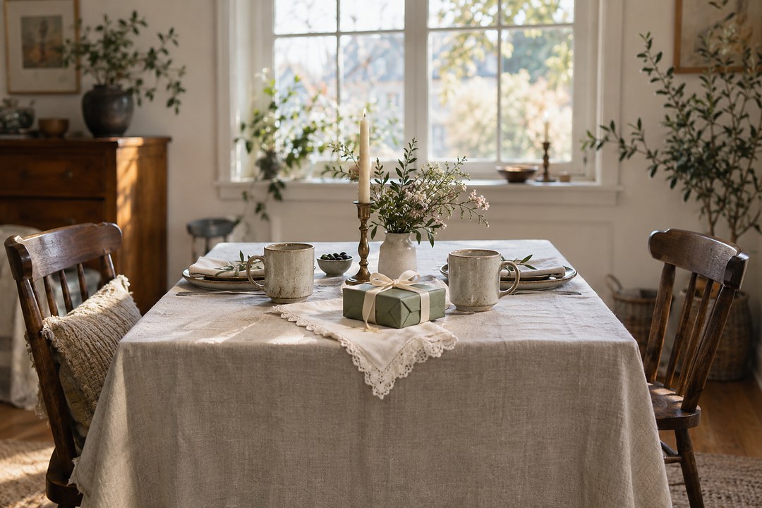 A linen draped table for two sits in a sunlit room with speckled mugs, a bronze candlestick, and a sage green gift.