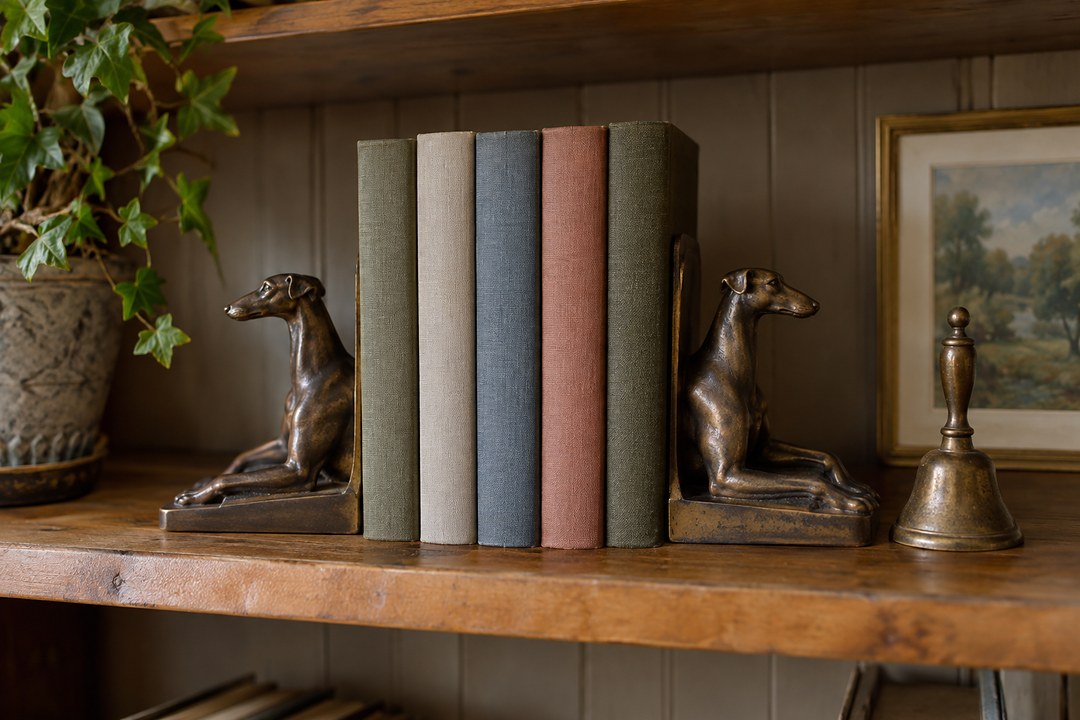 A pair of bronze greyhound bookends hold five cloth bound books on a wooden shelf beside a bronze bell and potted ivy.