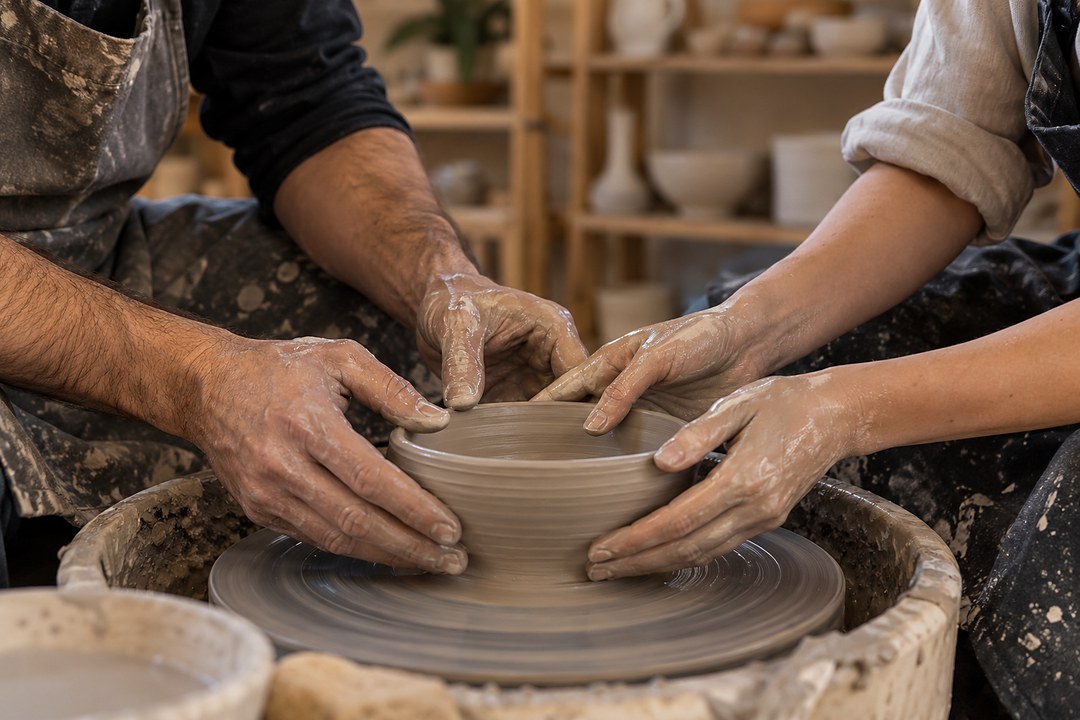 Two pairs of clay covered hands shape a wet clay bowl on a spinning wheel with clay spattered aprons and unglazed pots.