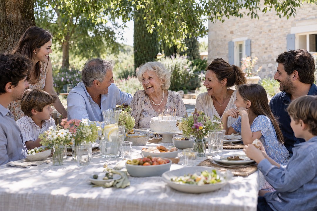 A woman with white hair in a floral blouse and pearls laughs at a long garden table under a tree with a white iced cake.
