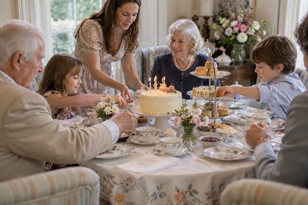 An afternoon tea table holds a white iced cake with candles, a three tier stand, and floral china teacups.