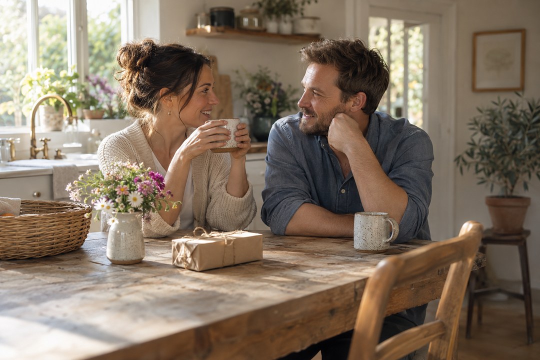 A woman in a cream cardigan holds a speckled stoneware mug while a man in a blue shirt smiles beside her at a rustic table.