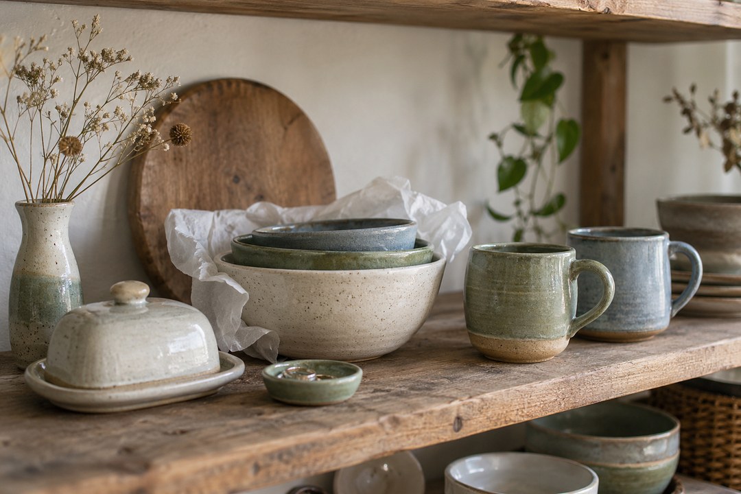 Cream, green and blue stoneware pieces fill a rough wooden shelf, with nesting bowls, two mugs, butter dish and dried stems.