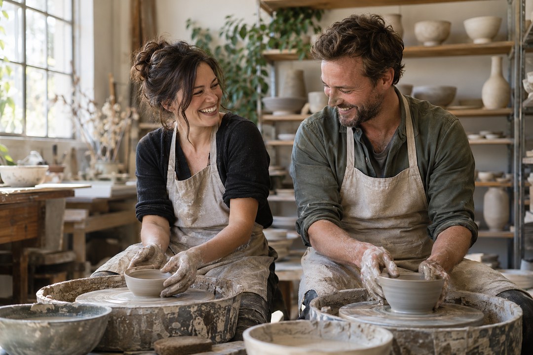Two people in clay spattered linen aprons sit side by side at two pottery wheels, laughing as they shape clay bowls.