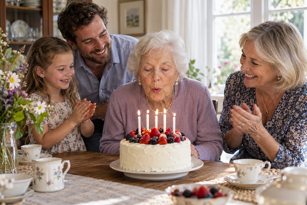 An older woman in a lilac cardigan and pearls blows out five white candles on a white iced cake with strawberries at a wooden table.