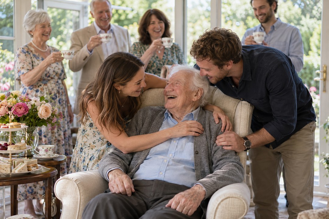 A man with white hair in a gray cardigan laughs in a cream armchair as a woman in a floral dress and a young man in a navy shirt hug him.