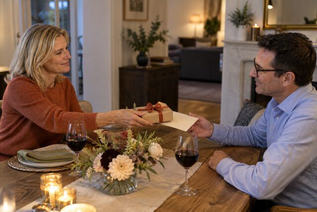 A blonde woman in a rust orange sweater hands a kraft gift box and envelope across a candlelit table with wine and candles.