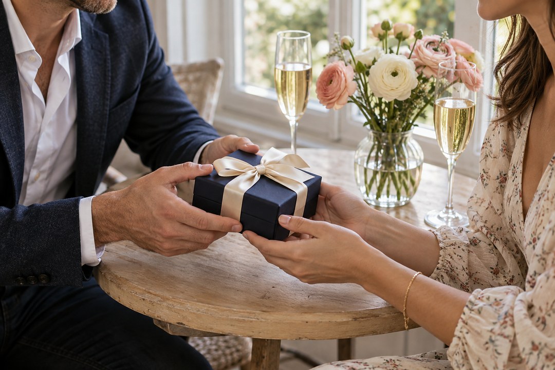 A man in a navy blazer hands a navy box with a cream ribbon to a woman across a table by a window, with wine and ranunculus.