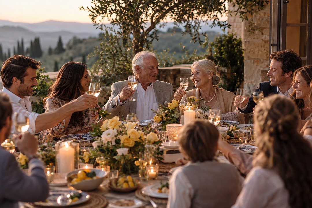 A gray haired couple raise white wine glasses at the head of a long table set with yellow roses and blue patterned plates.