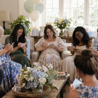 Guests at a baby shower laugh and write on pastel cards while the mom to be in a floral dress sits near gifts and balloons.