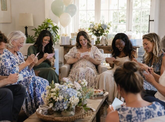 Guests at a baby shower laugh and write on pastel cards while the mom to be in a floral dress sits near gifts and balloons.